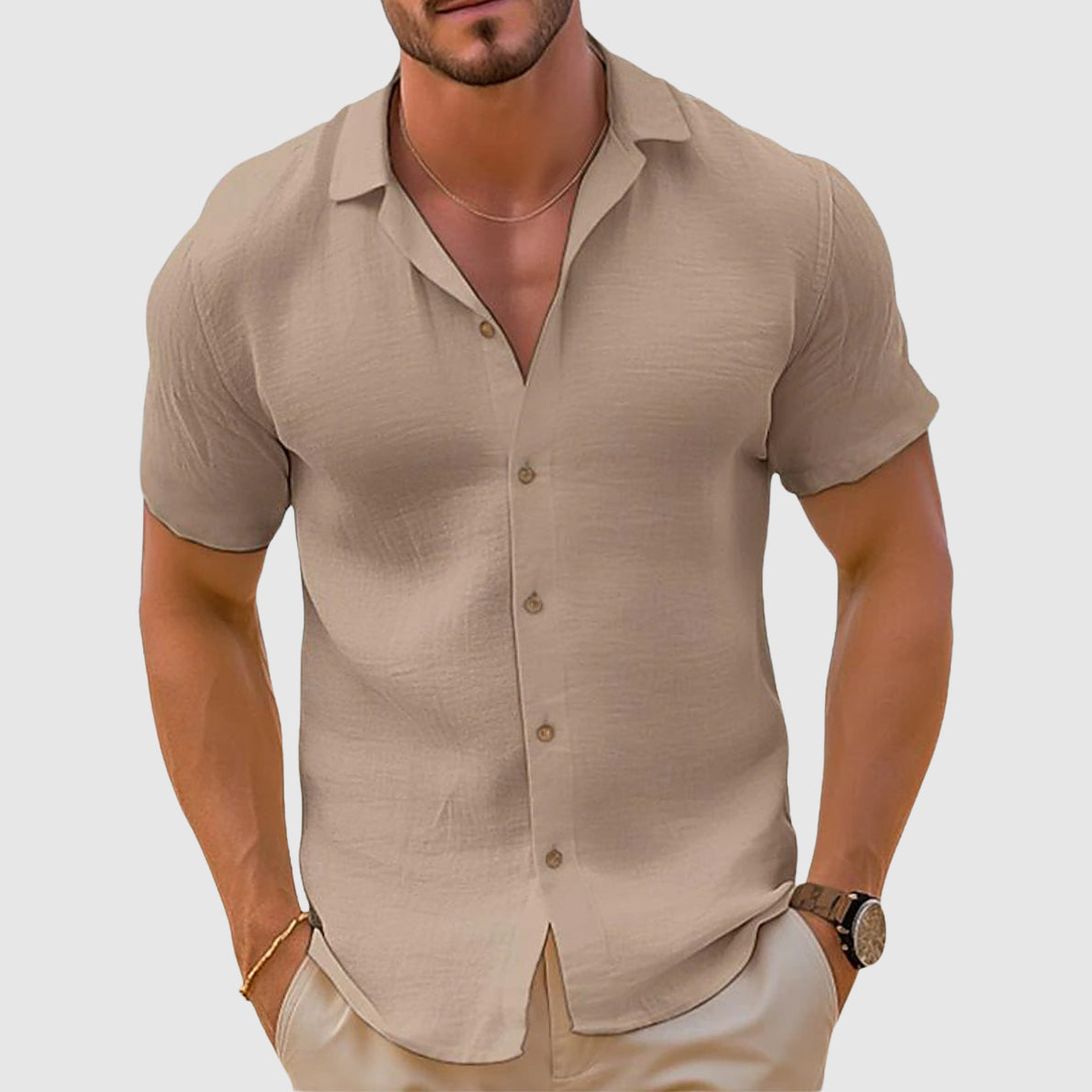 Rex | Men's Linen Button Up Shirt Cream Short Sleeve