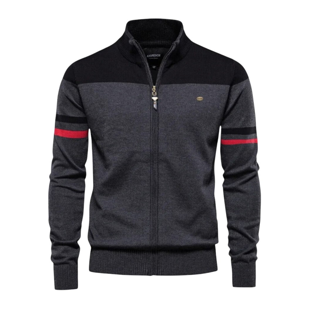Voss | Men's Casual Zip Up Sweater Gray Black Striped