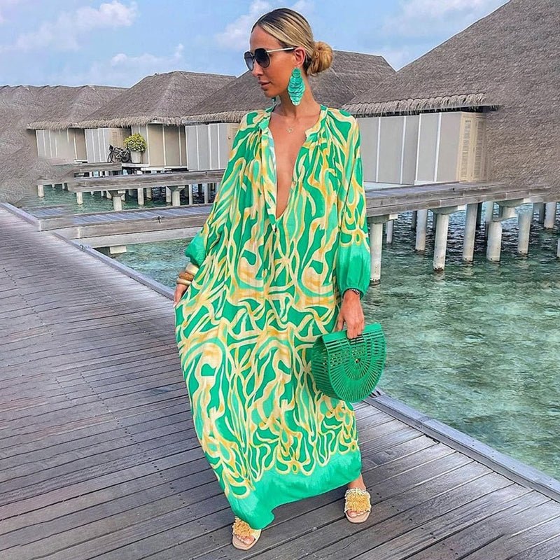Isla | Women's Vacation Dress Green Yellow Maxi Print Long Sleeve