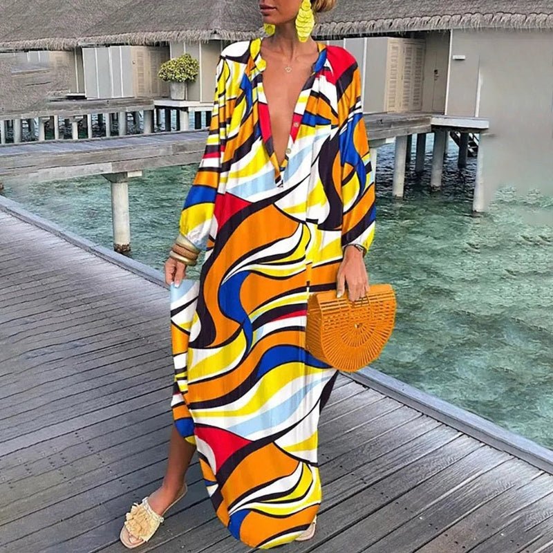 Isla | Women's Vacation Dress Green Yellow Maxi Print Long Sleeve