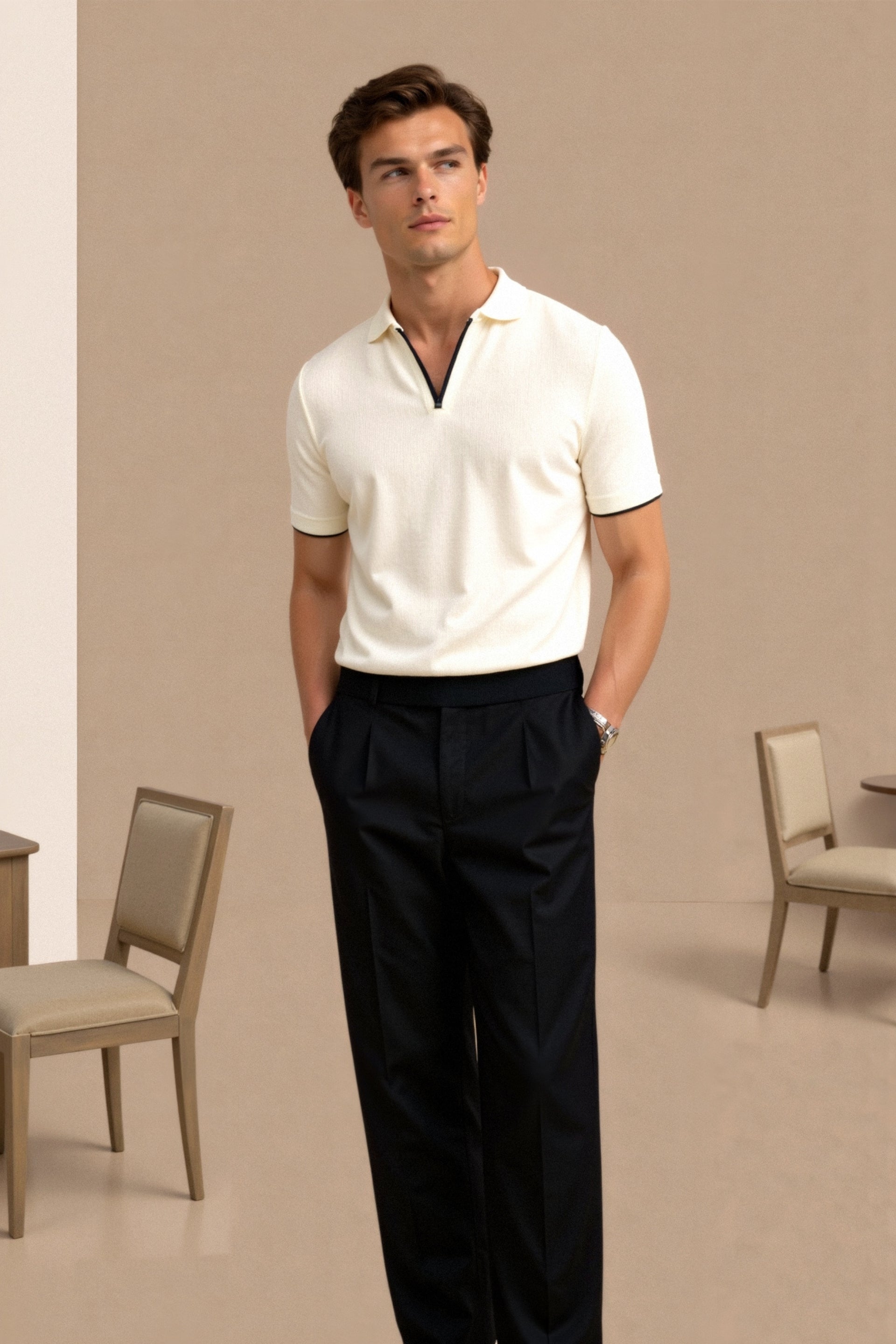 Bram | Men's Polo Shirt Cream Black Trim Short Sleeve