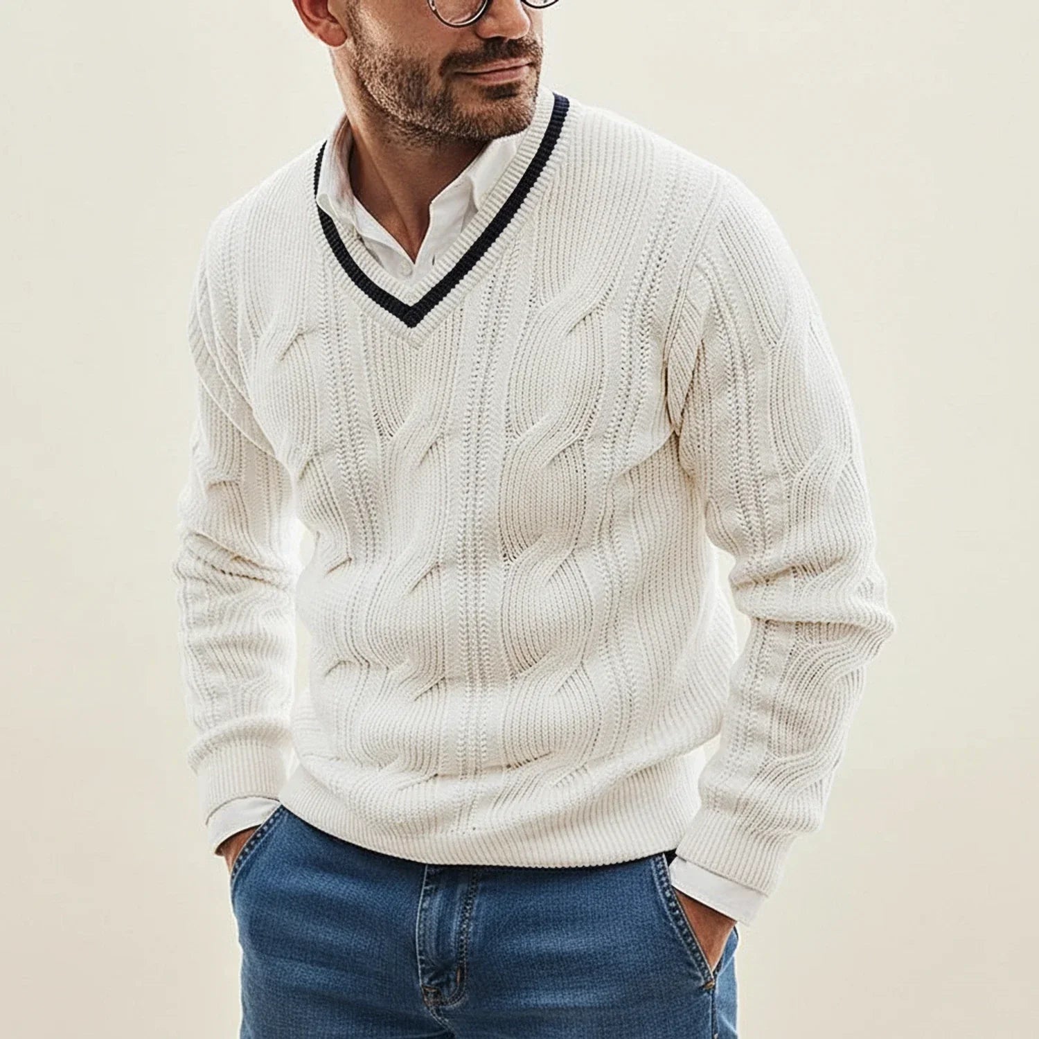 Axel | Men's Cable Knit V Neck Sweater Black