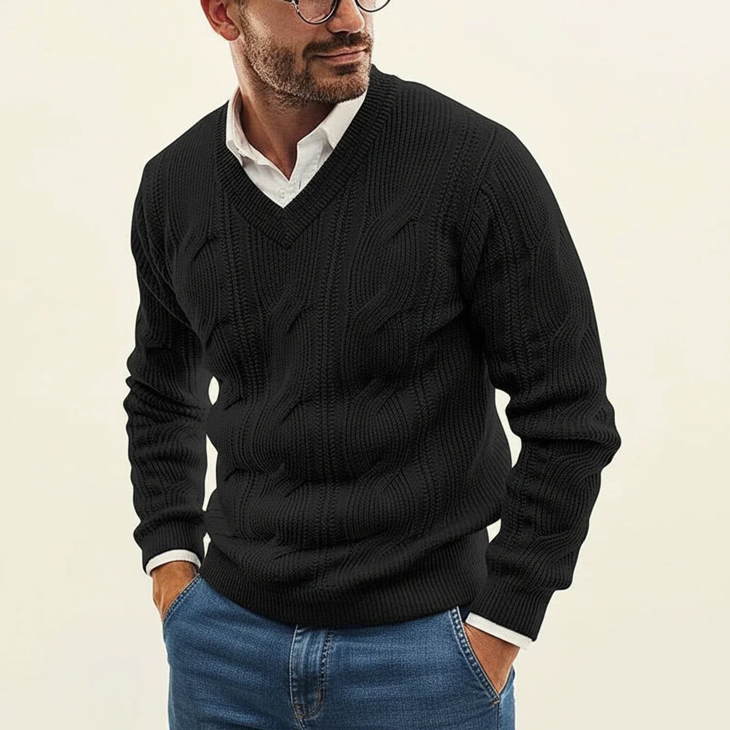 Axel | Men's Cable Knit V Neck Sweater Black