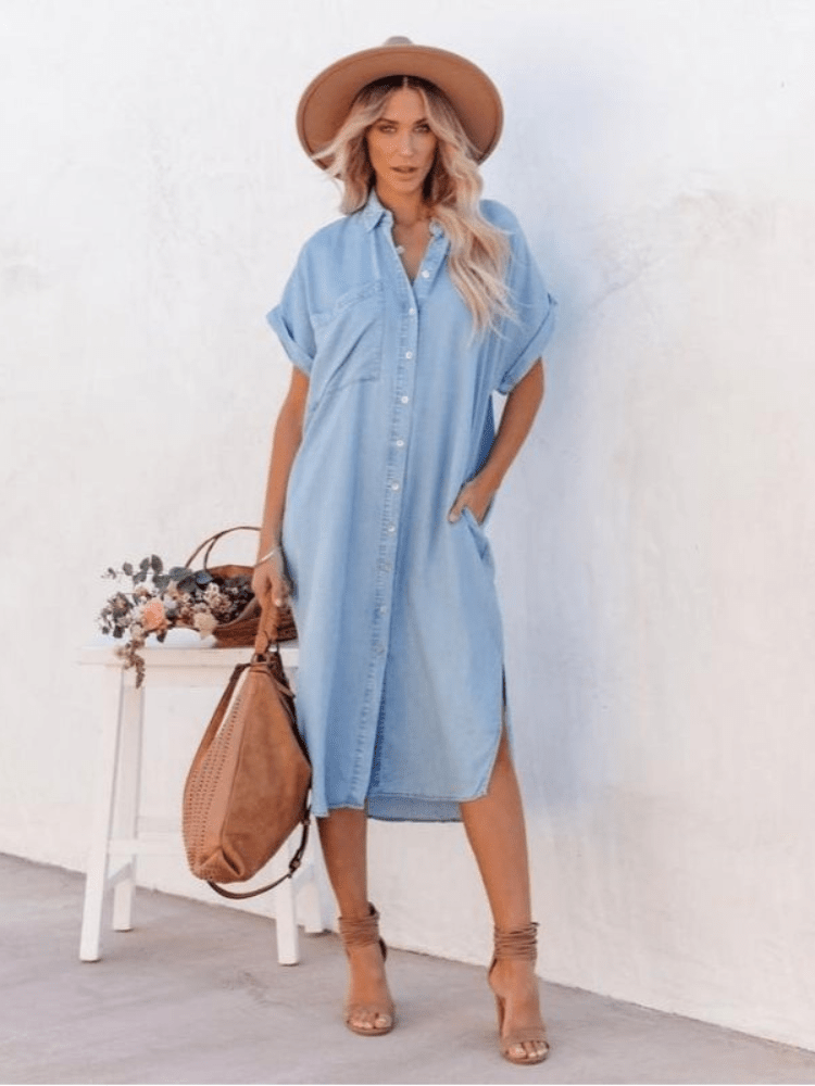 Liv | Women's Button Down Denim Shirt Dress Light Blue