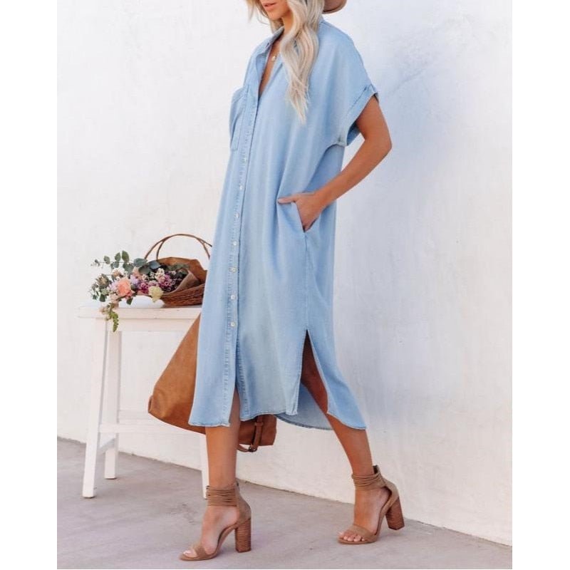 Liv | Women's Button Down Denim Shirt Dress Light Blue