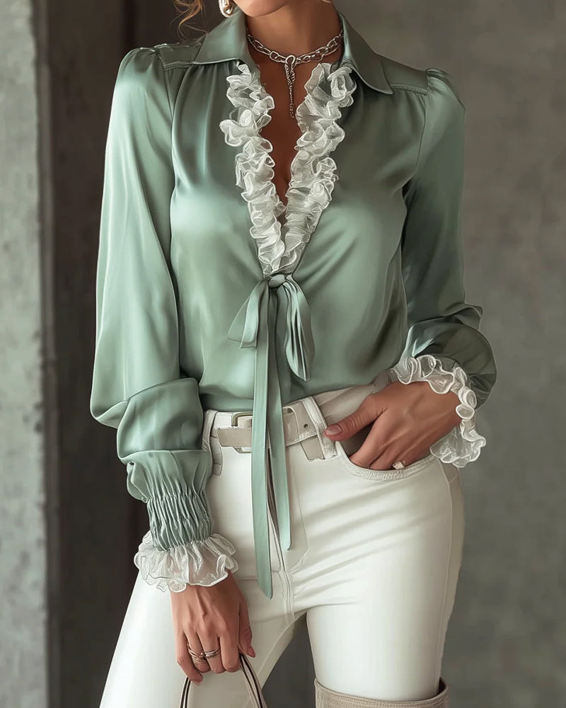 Stella | Women's Satin Ruffle Blouse Light Green Long Sleeve