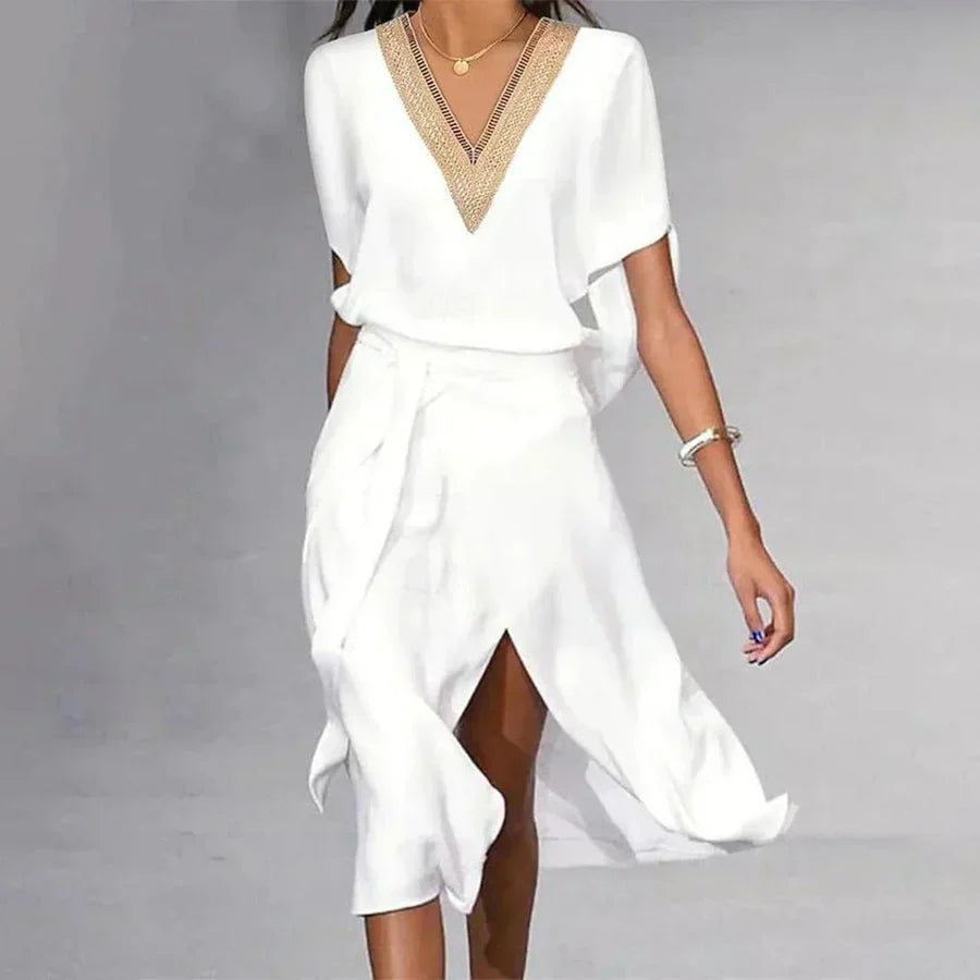 Esme | Women's Wrap Midi Dress V Neck Cream