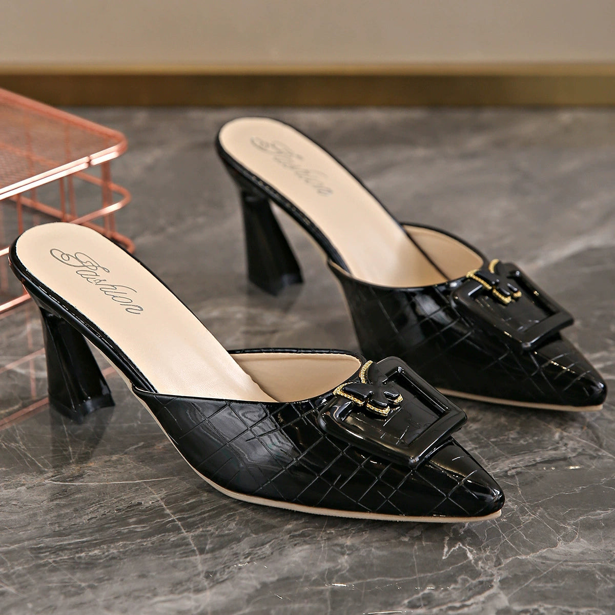Ada | Women's Croc Embossed Mule Black Pointed Toe Heel
