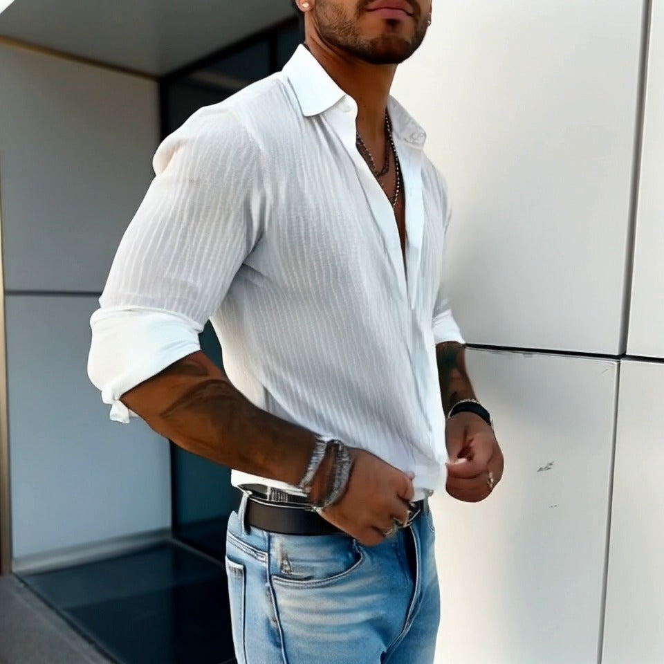 Luca | Men's Slim Fit Pinstripe Button Up Shirt White