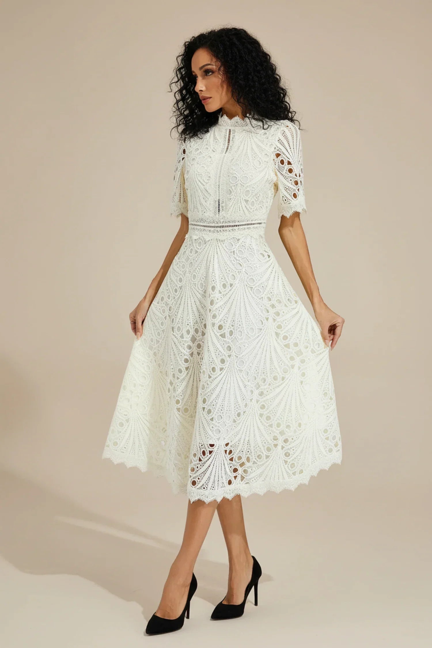 Darcy | Women's Crochet Midi Dress Cream Short Sleeve