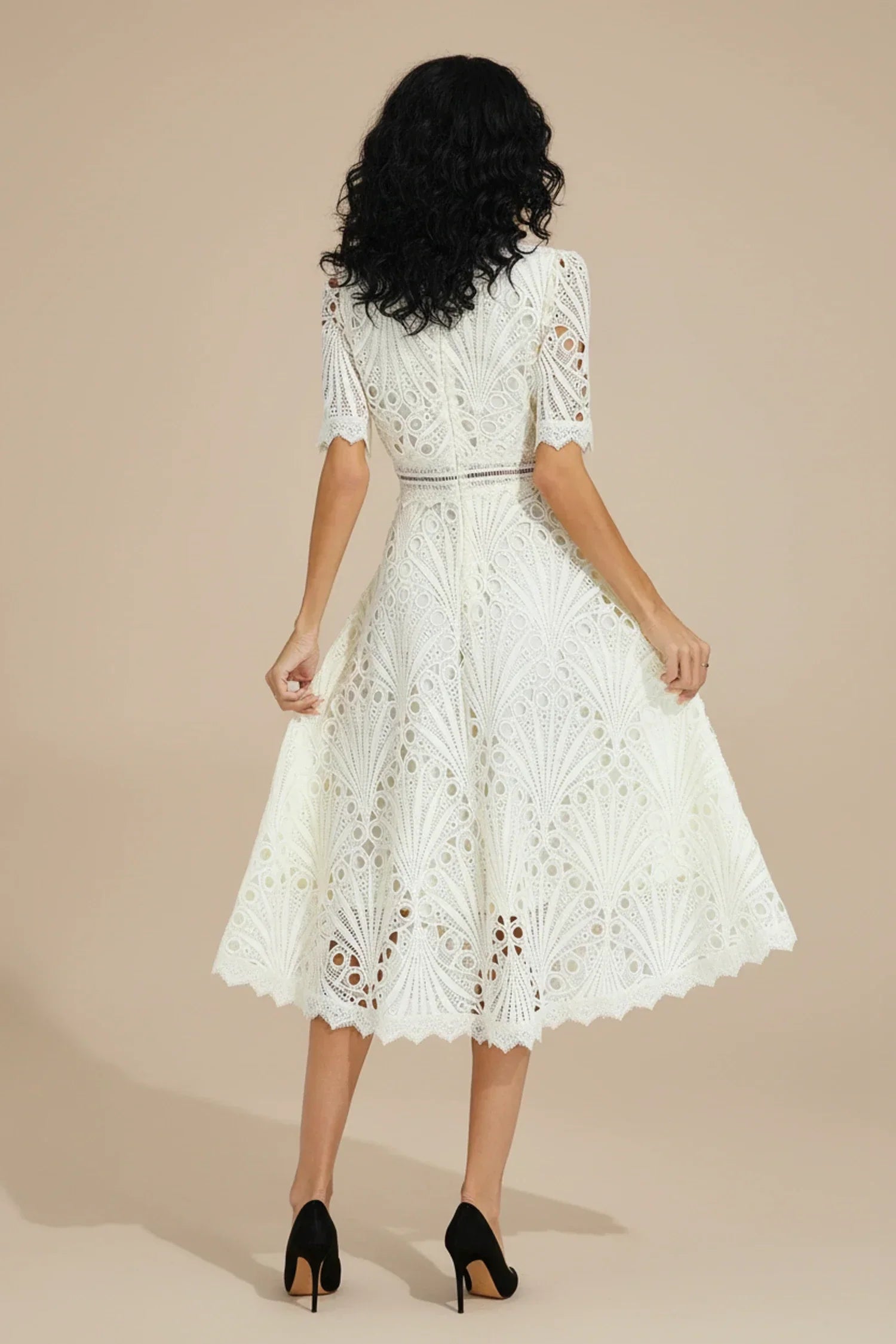 Darcy | Women's Crochet Midi Dress Cream Short Sleeve