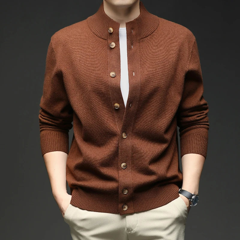 Beau | Men's Button Down Cardigan Sweater Brown Ribbed Knit