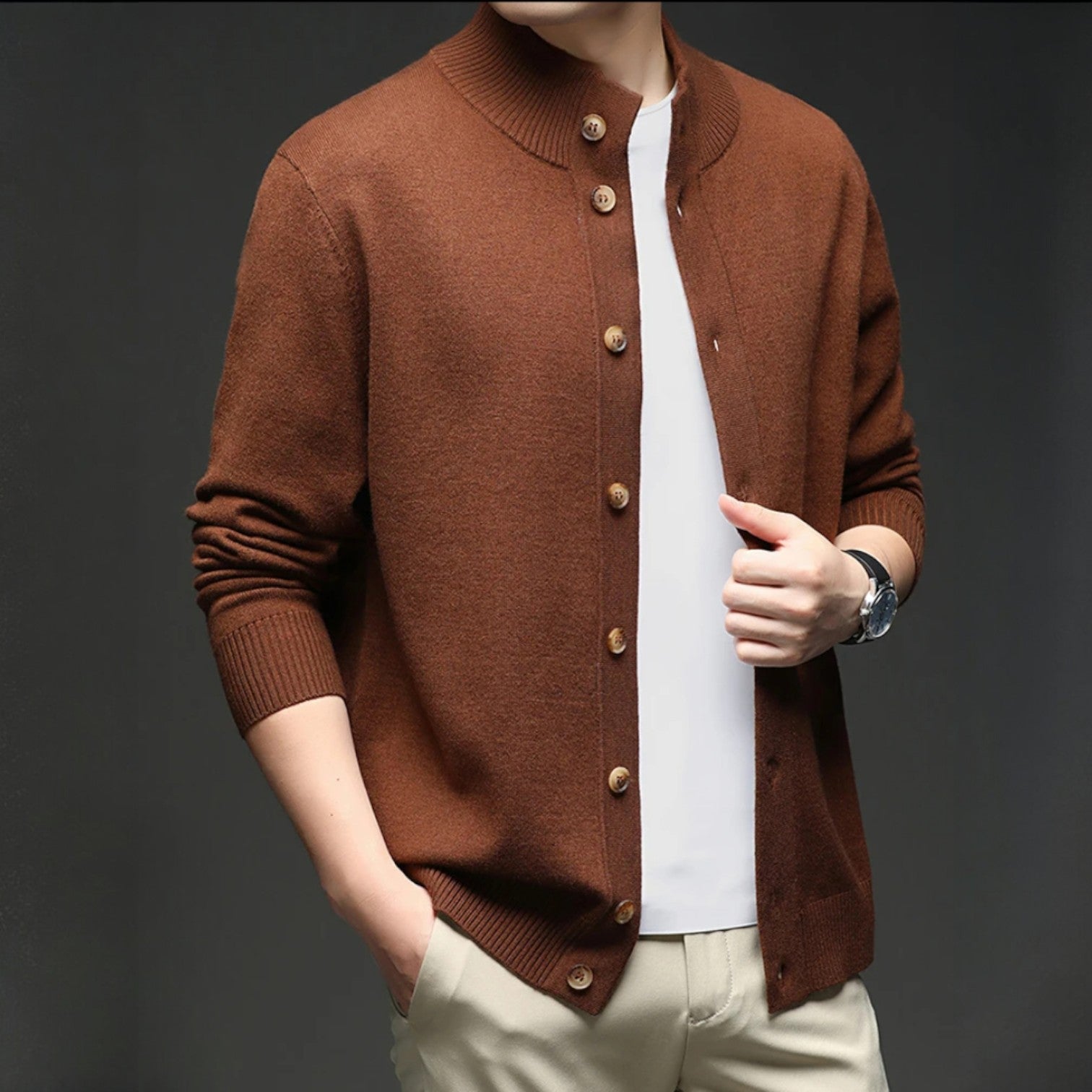 Beau | Men's Button Down Cardigan Sweater Brown Ribbed Knit