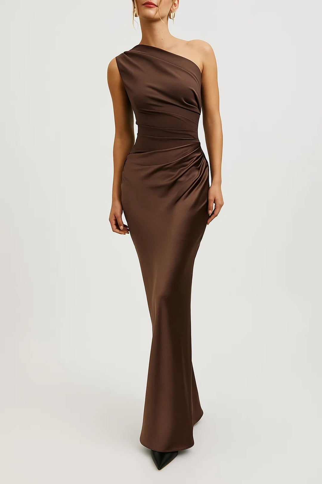 Alma | Women's One Shoulder Satin Maxi Dress Brown