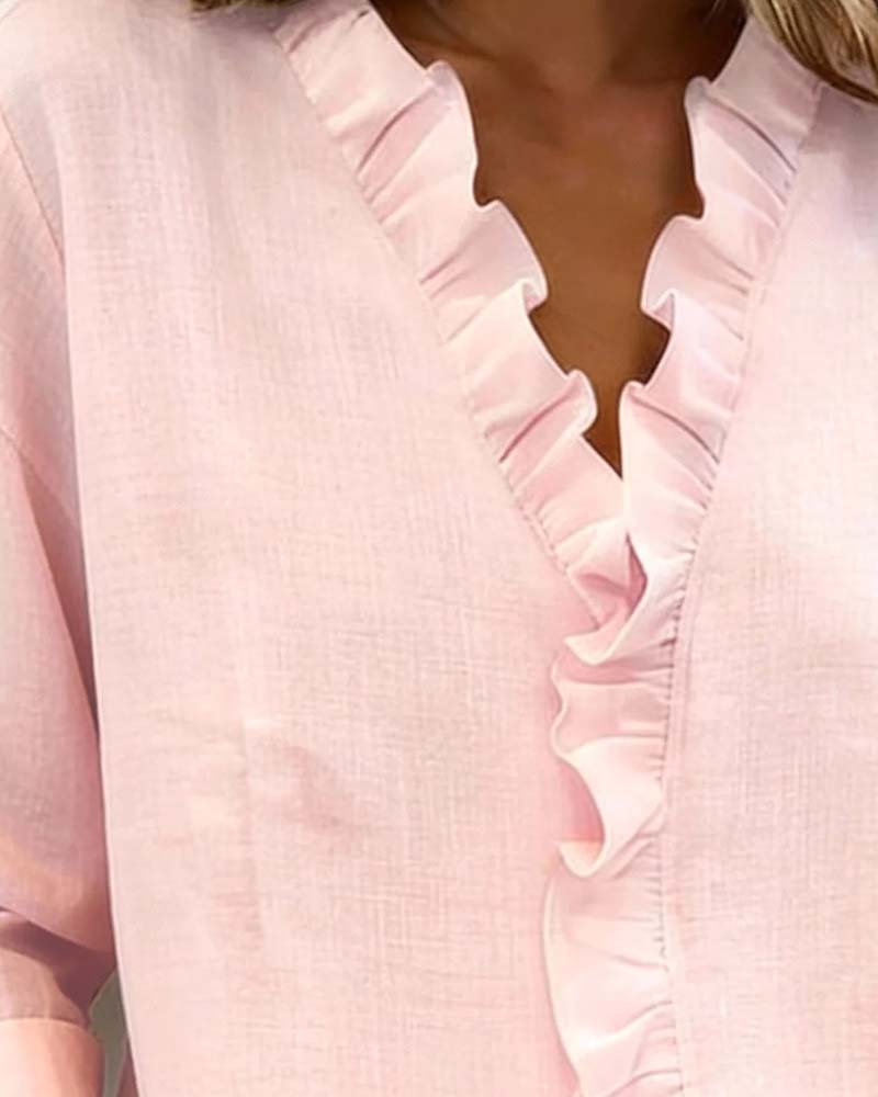 Elise | Women's Ruffle Front Blouse Pink Long Sleeve