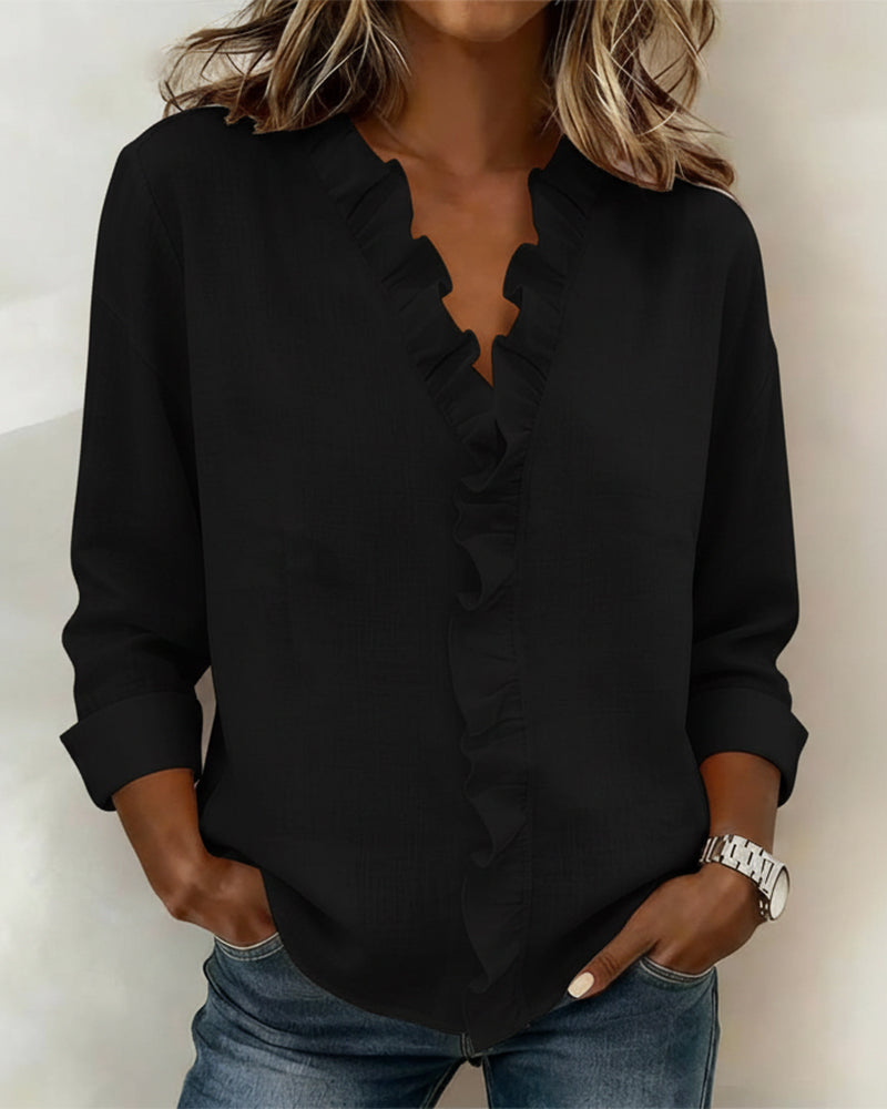 Elise | Women's Ruffle Front Blouse Pink Long Sleeve