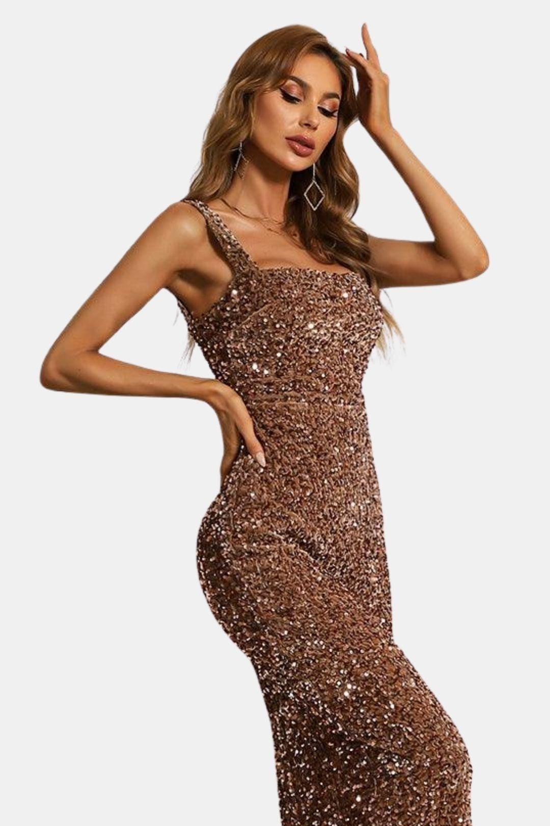 Isla | Women's Sequin Maxi Dress Brown Square Neck