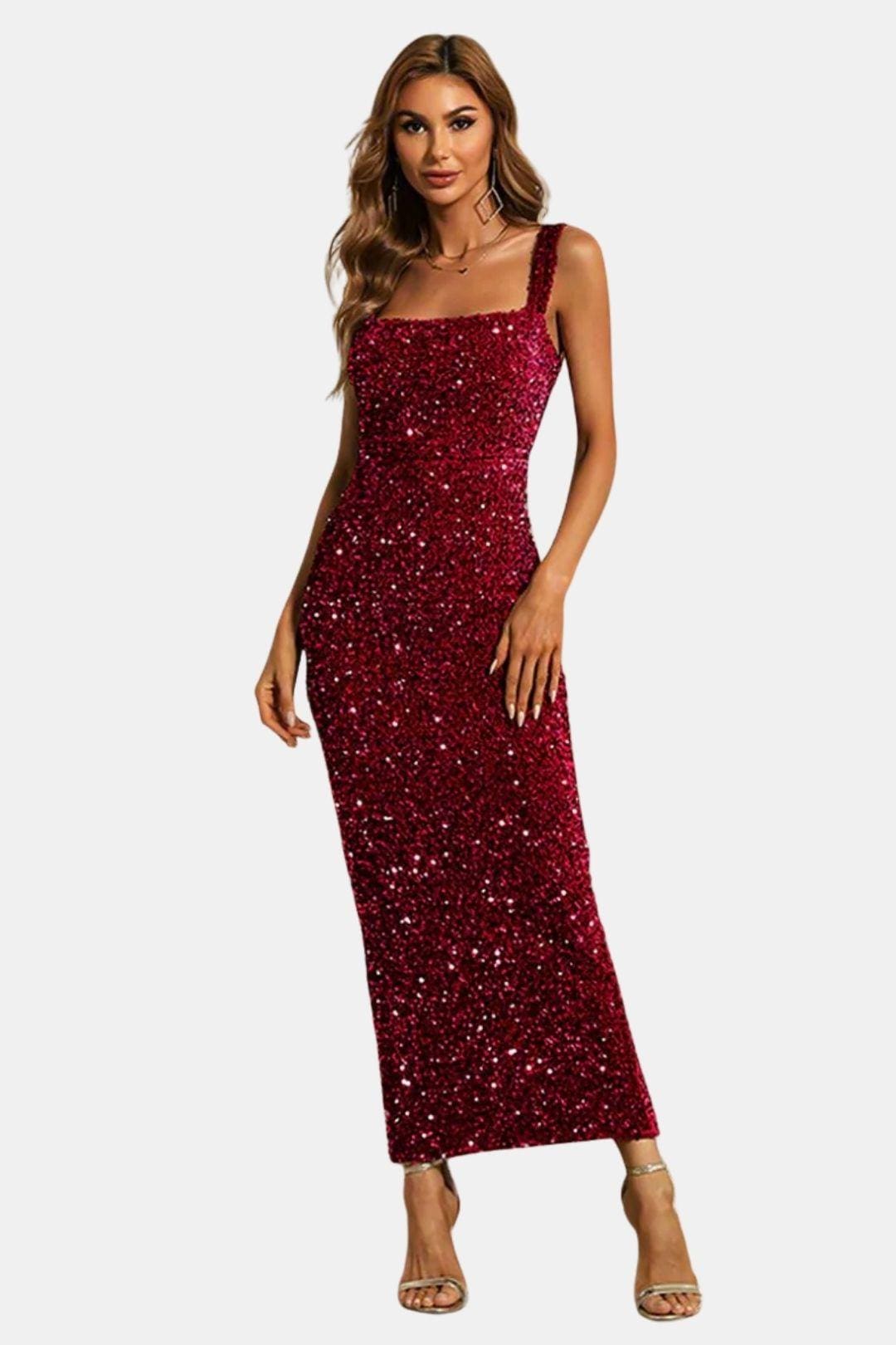 Isla | Women's Sequin Maxi Dress Brown Square Neck