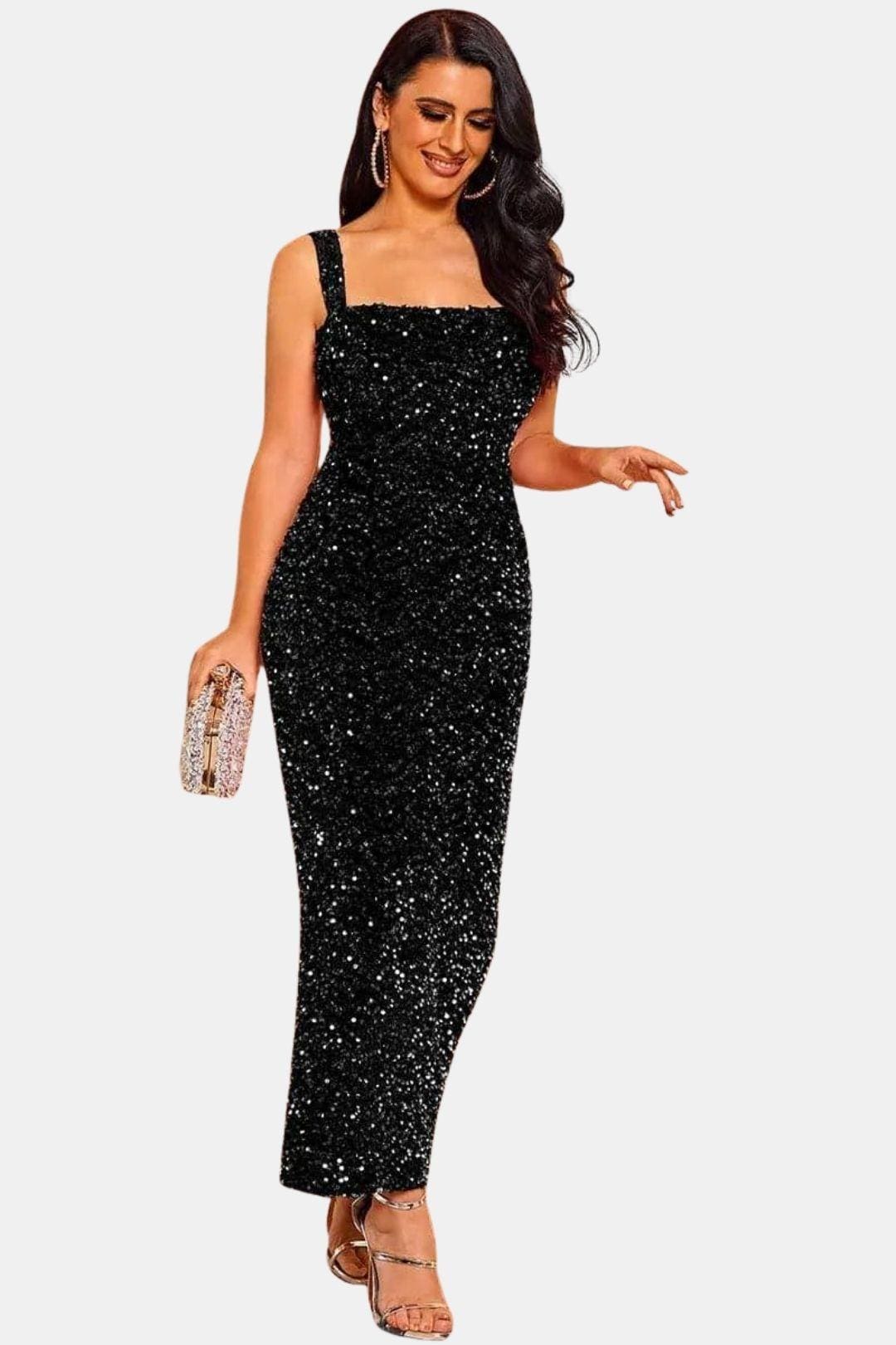 Isla | Women's Sequin Maxi Dress Brown Square Neck