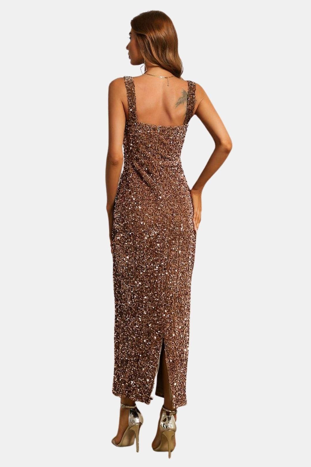 Isla | Women's Sequin Maxi Dress Brown Square Neck
