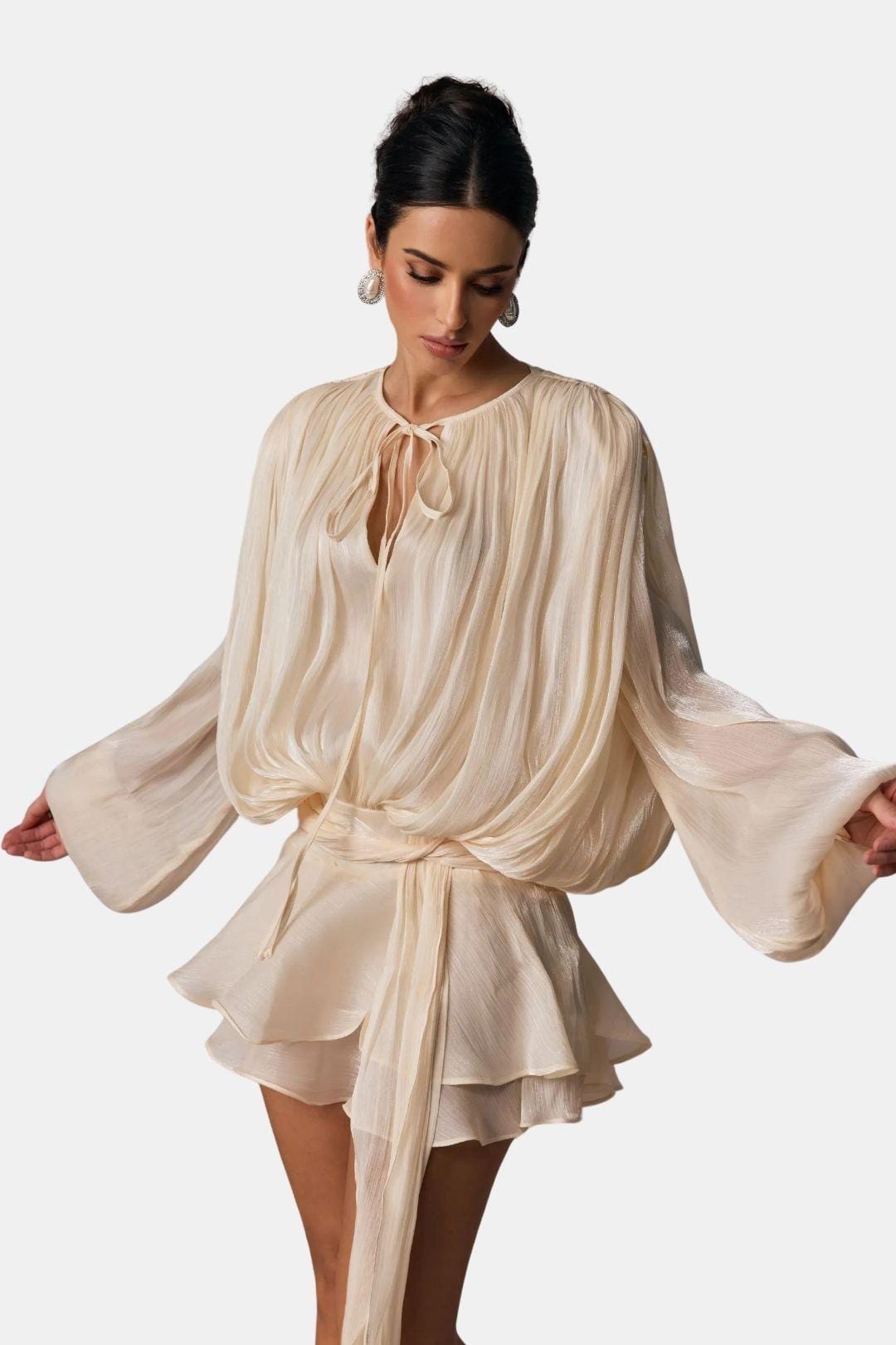 Rue | Women's Chiffon Wrap Top Cream Long Sleeve