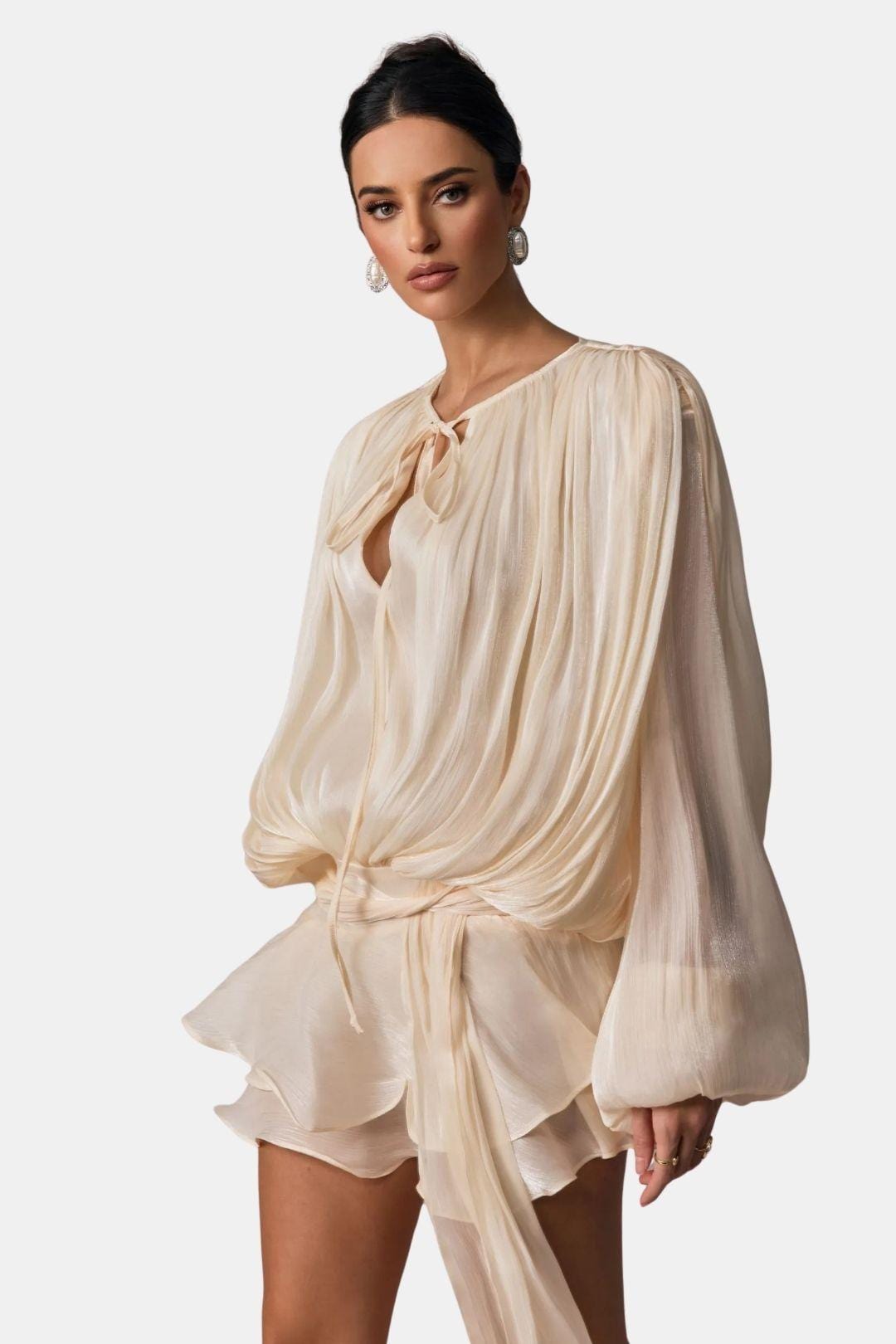 Rue | Women's Chiffon Wrap Top Cream Long Sleeve