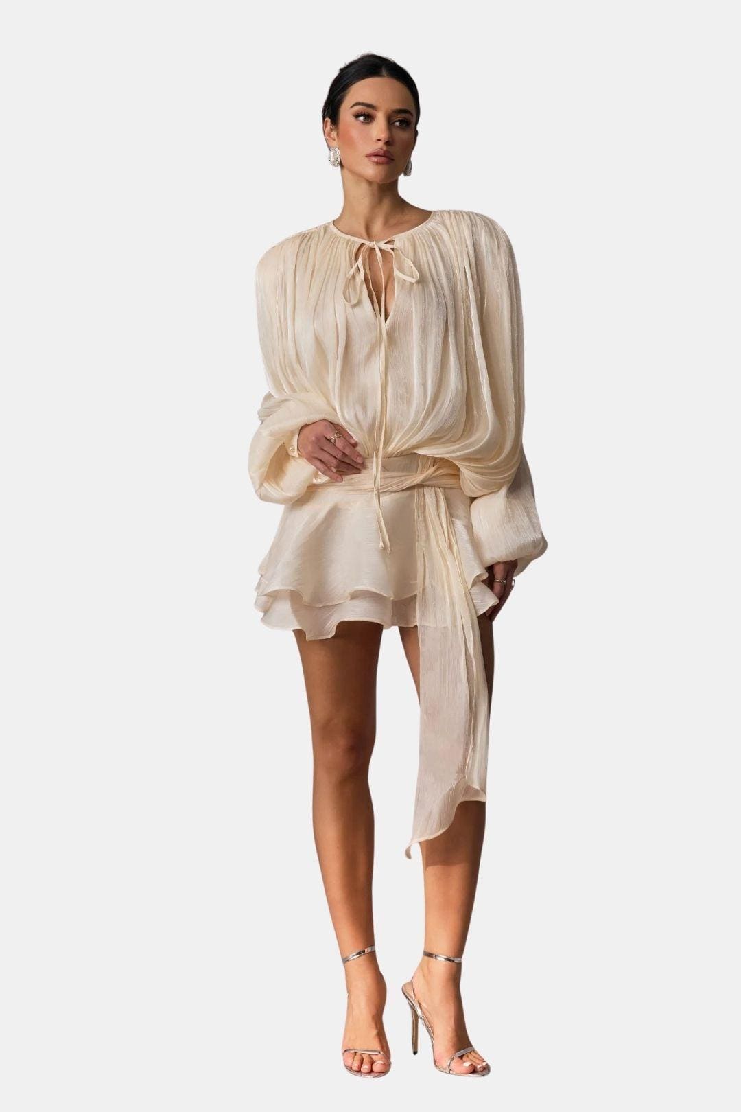 Rue | Women's Chiffon Wrap Top Cream Long Sleeve