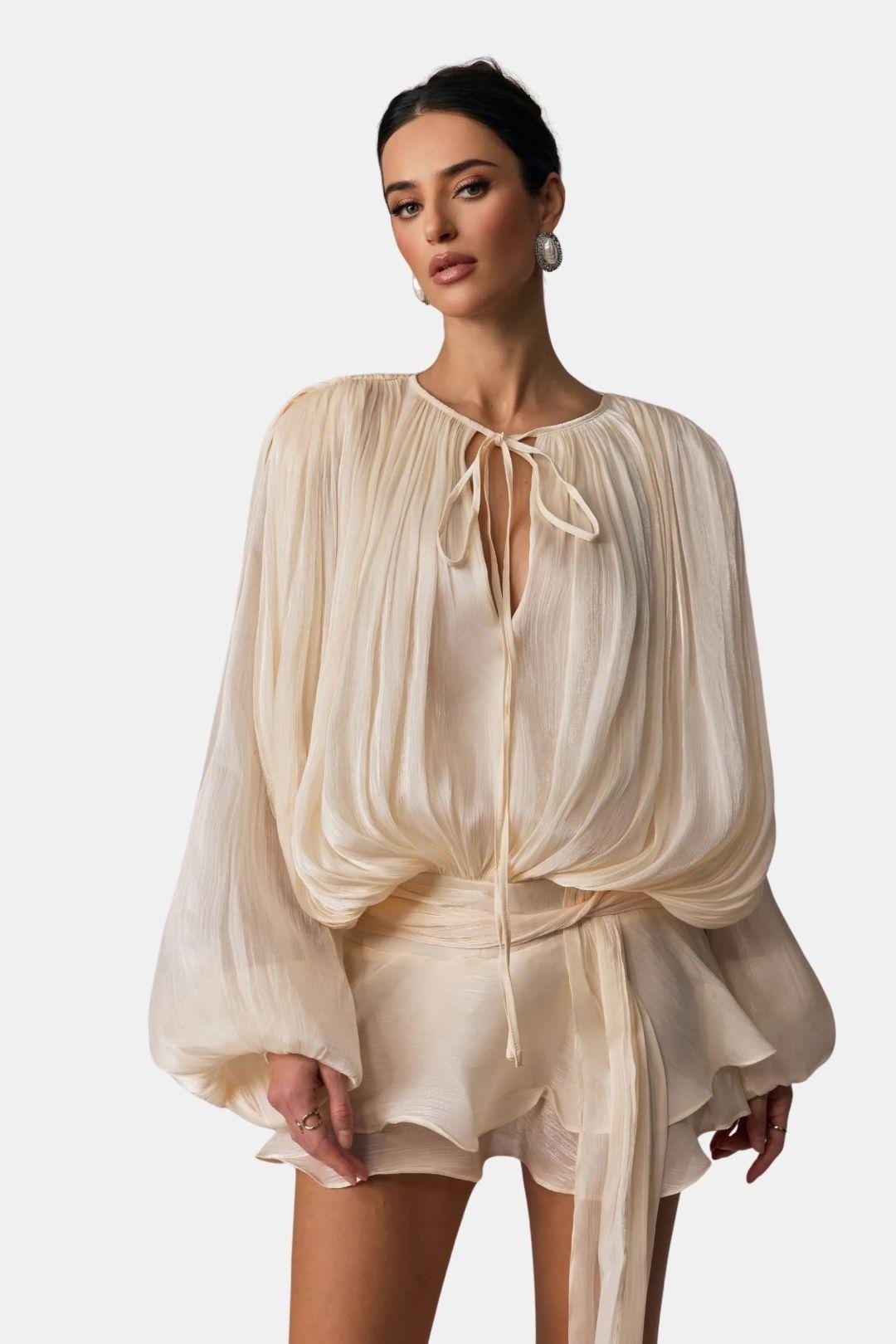 Rue | Women's Chiffon Wrap Top Cream Long Sleeve