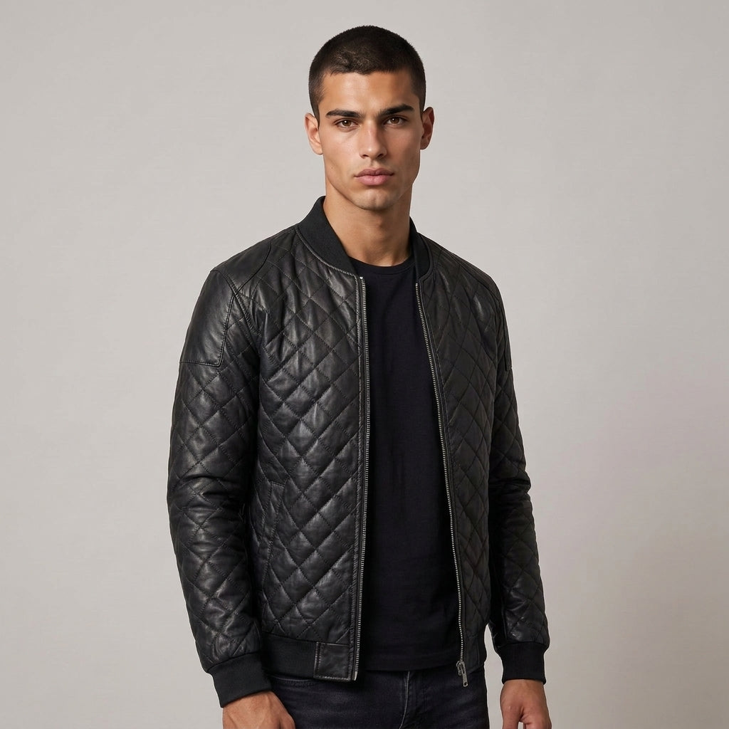 Dama Washington Hugo quilted leather bomber jacket Black - model front view