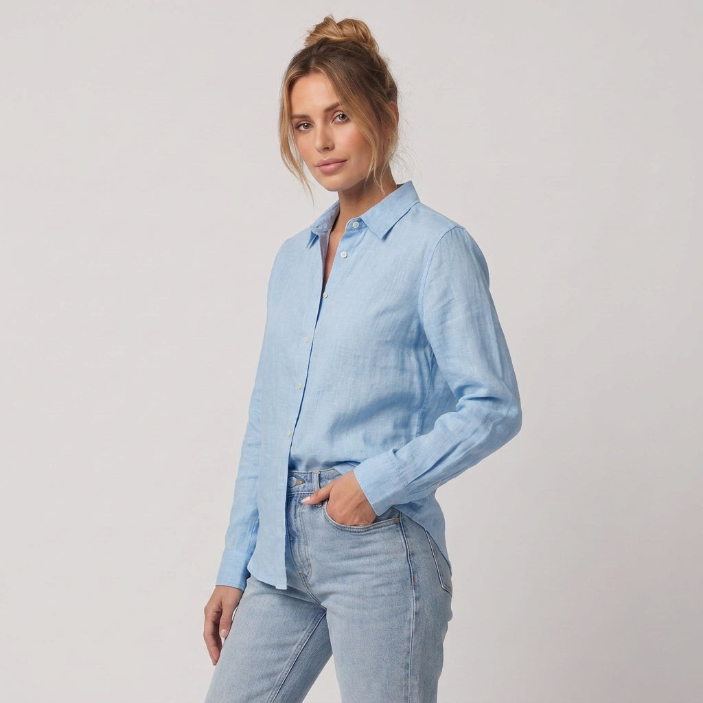 Dama Washington Rosa linen button down shirt Light Blue - model front view