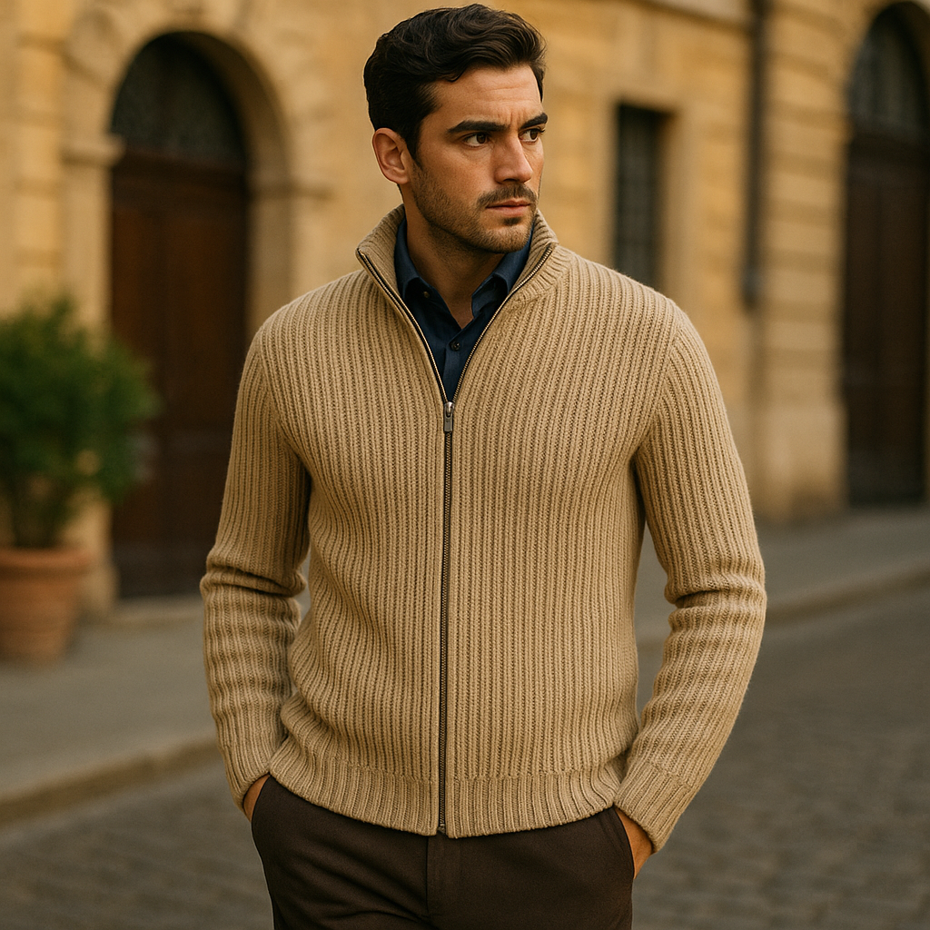 Luisa | Men's Ribbed Zip Up Cardigan Cream Mock Neck