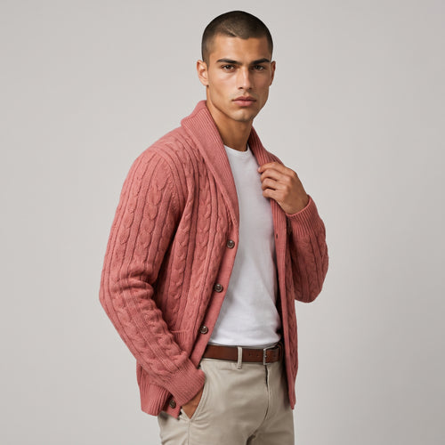 Dama Washington Arlo men's cable knit shawl collar cardigan rose - model front view