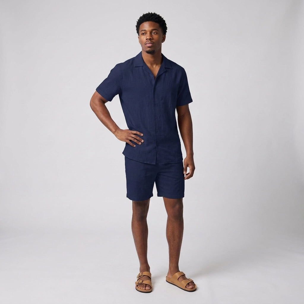 Dama Washington Kai linen shirt and shorts set Dark Blue - full outfit model view