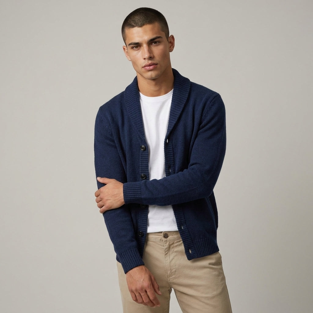 Dama Washington Beau shawl collar cardigan Blue - model front view