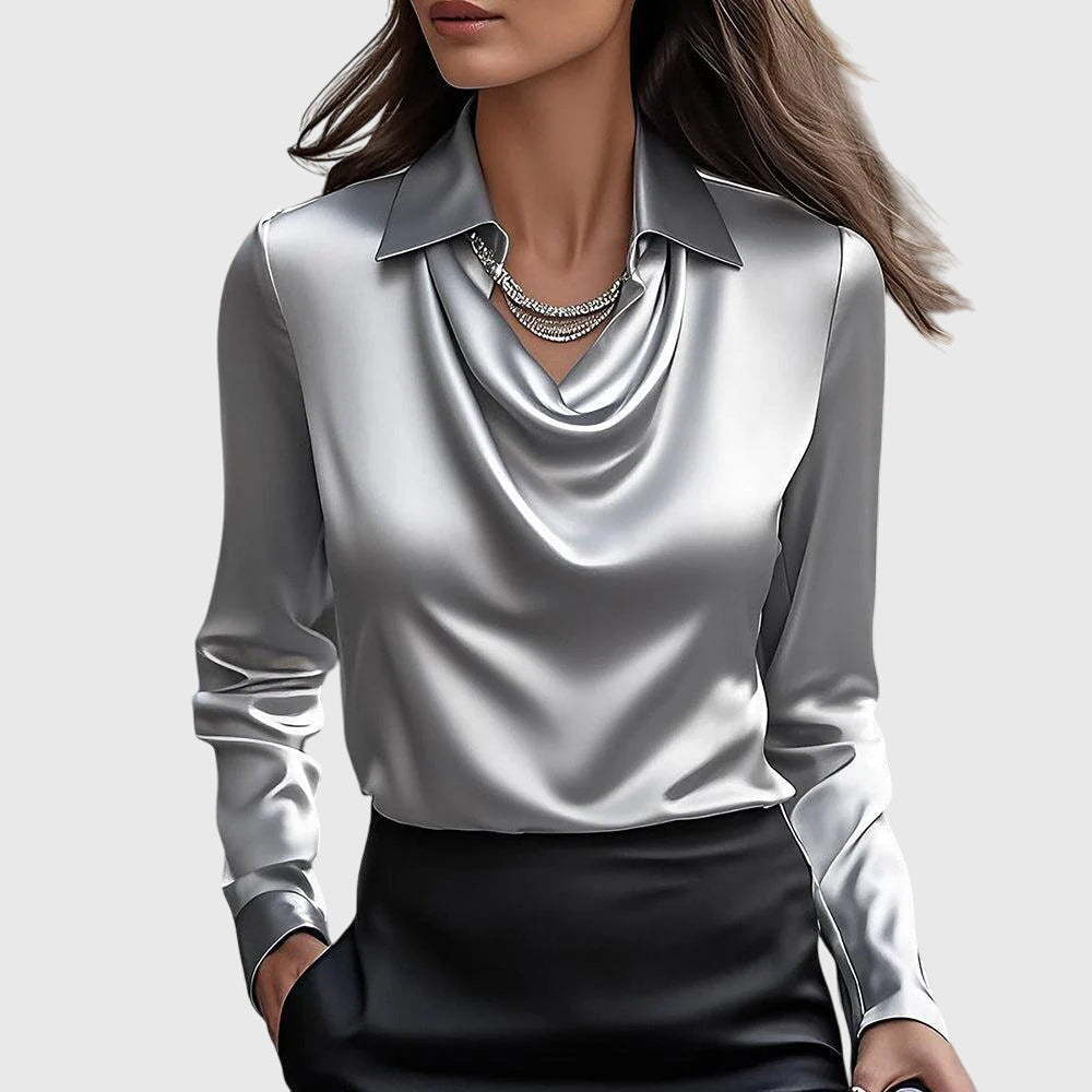 Cora | Women's Satin Blouse Cream Cowl Neck Long Sleeve