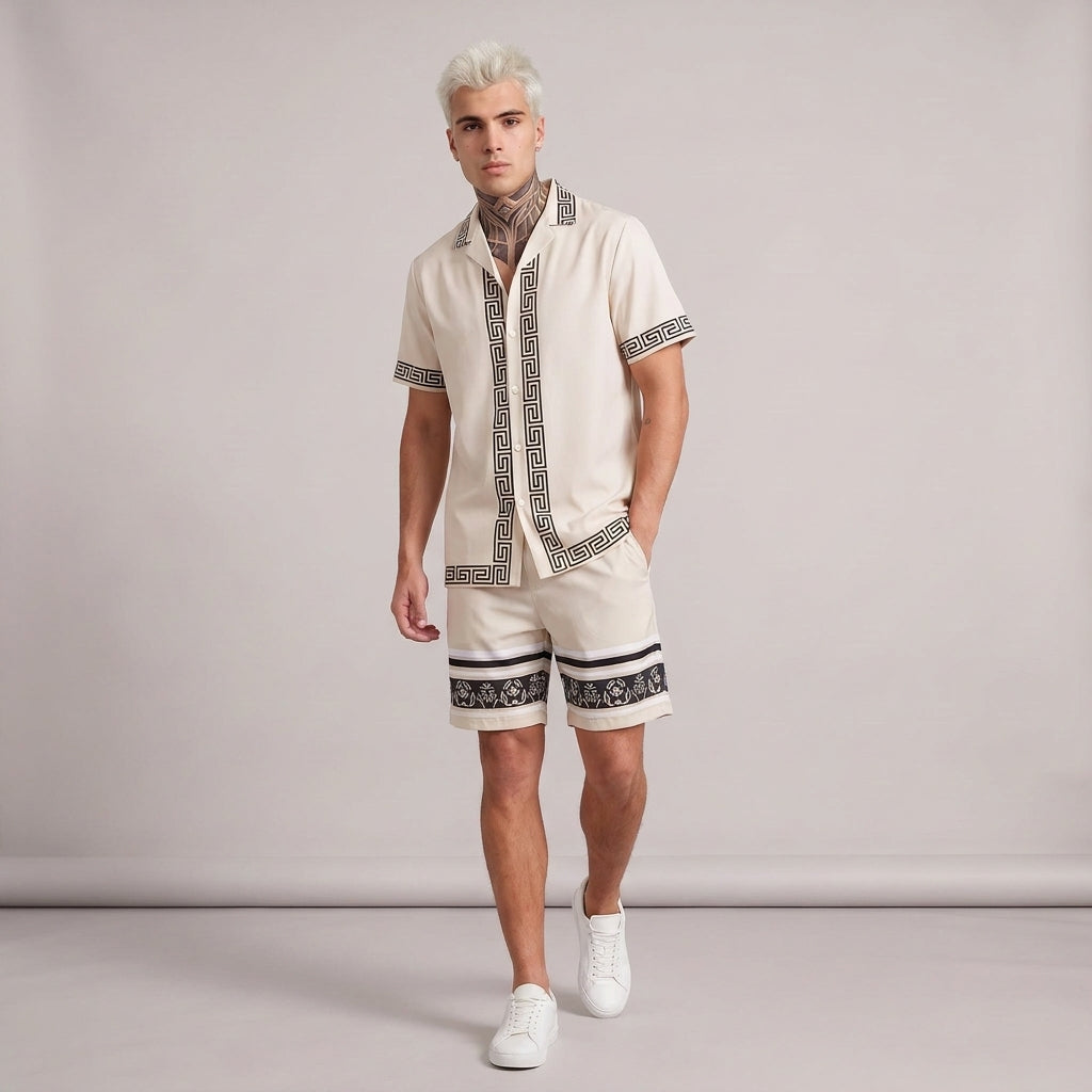 Dama Washington Axel Greek key short sleeve set Beige - full outfit model view