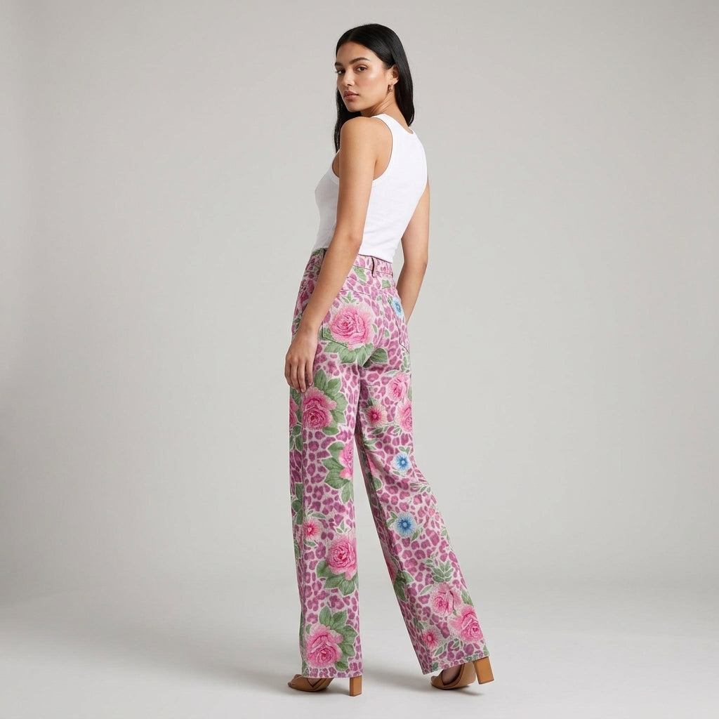 Dama Washington Thea high waisted wide leg pants Pink Flower print - back view