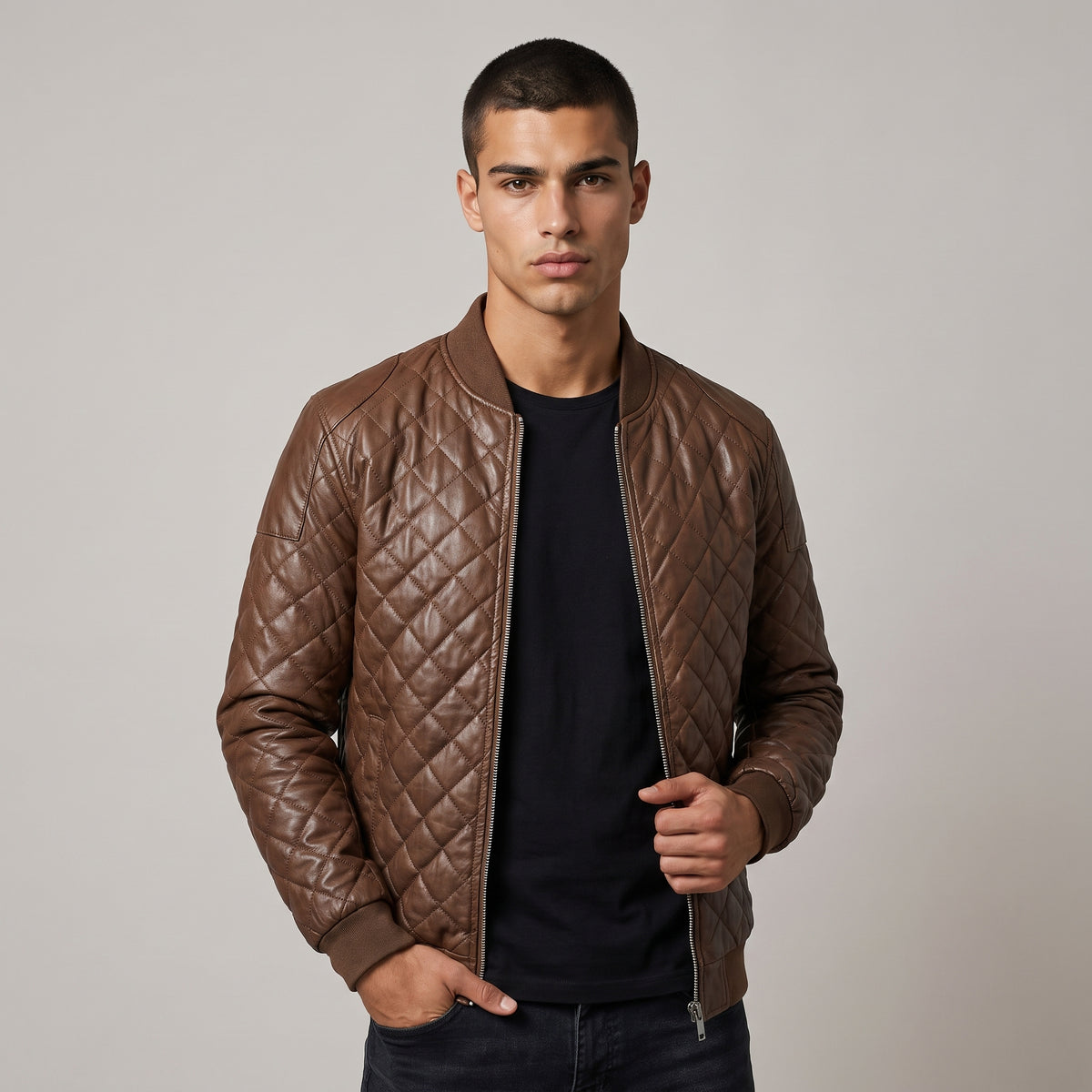 Dama Washington Hugo men's quilted leather bomber jacket brown - model front view