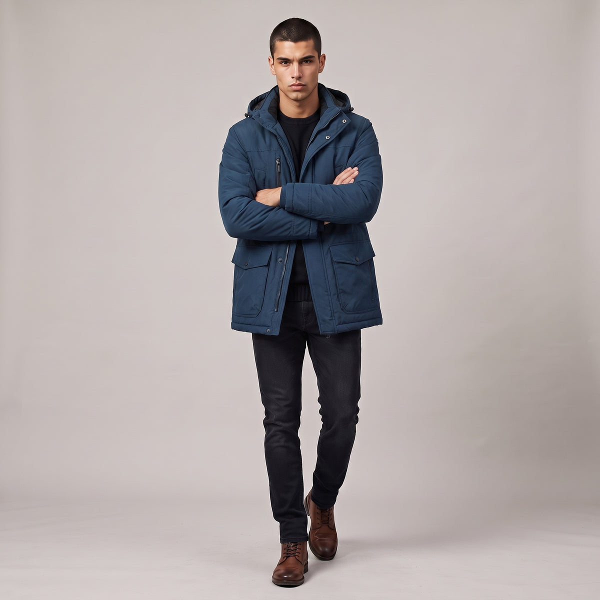 Dama Washington Hugo waterproof hooded winter parka Deep Blue - full outfit model view