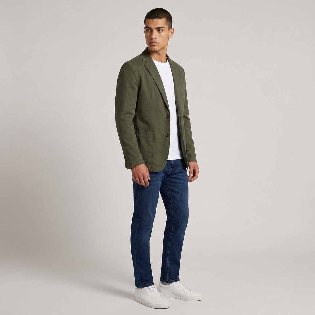 Dama Washington Voss men's casual lightweight blazer Army Green cotton - full outfit model view
