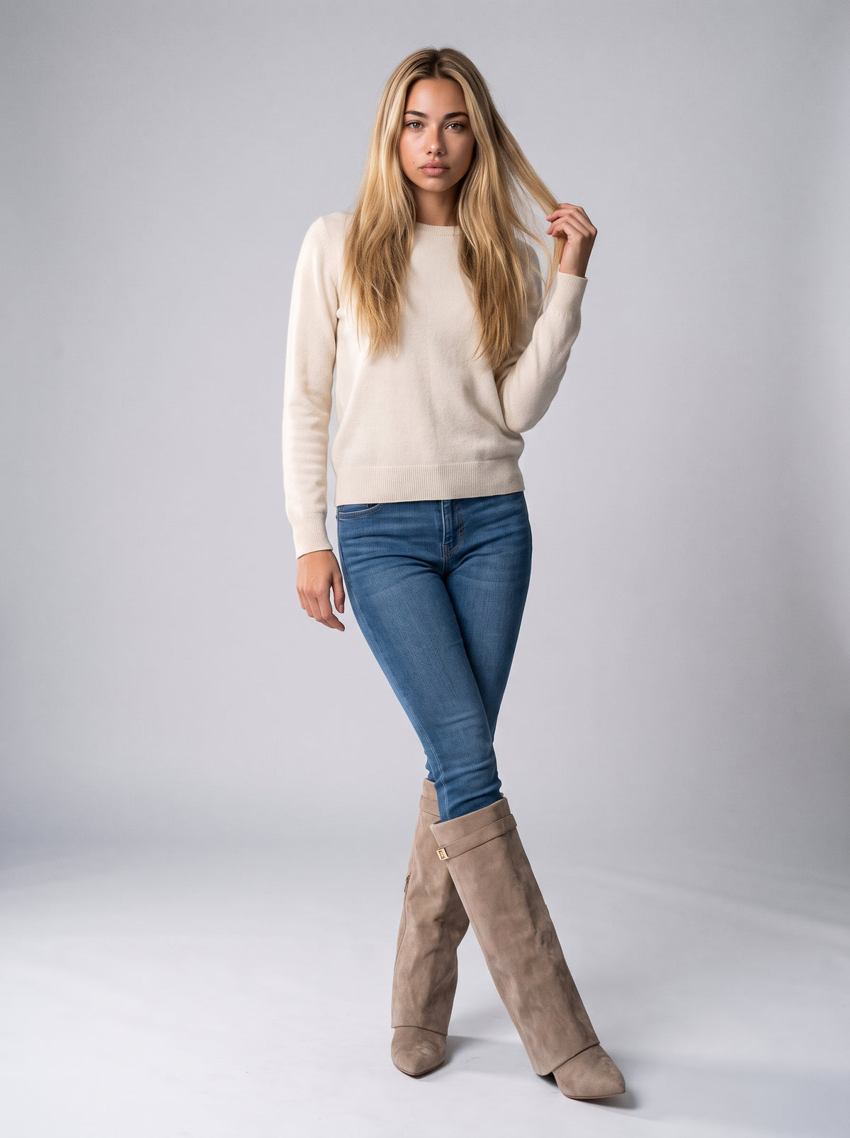 Dama Washington Isla women's suede slouch boots cream pointed toe - on model