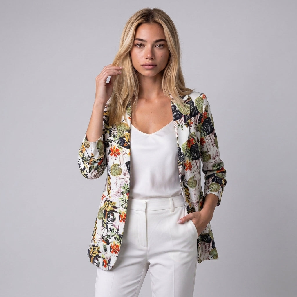 Dama Washington Greta floral print blazer White Red - model front view