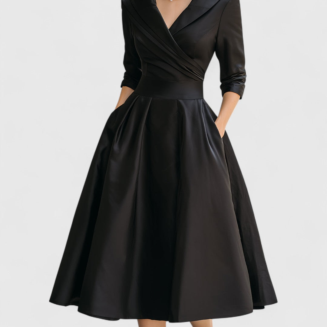 Vera | Women's A Line Midi Dress Navy Three Quarter Sleeve