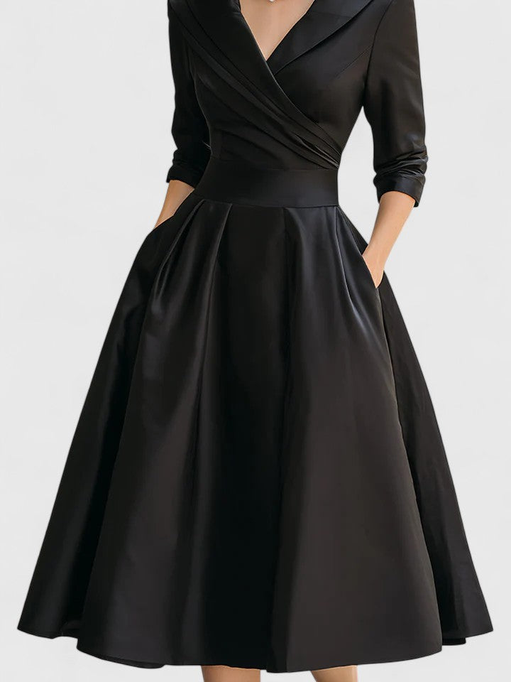 Vera | Women's Wrap Midi Dress Black Three Quarter Sleeve