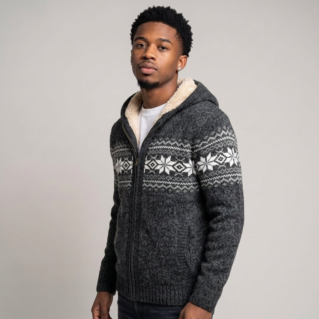 Dama Washington Blake sherpa lined Nordic pattern zip up cardigan Dark Grey - model front view