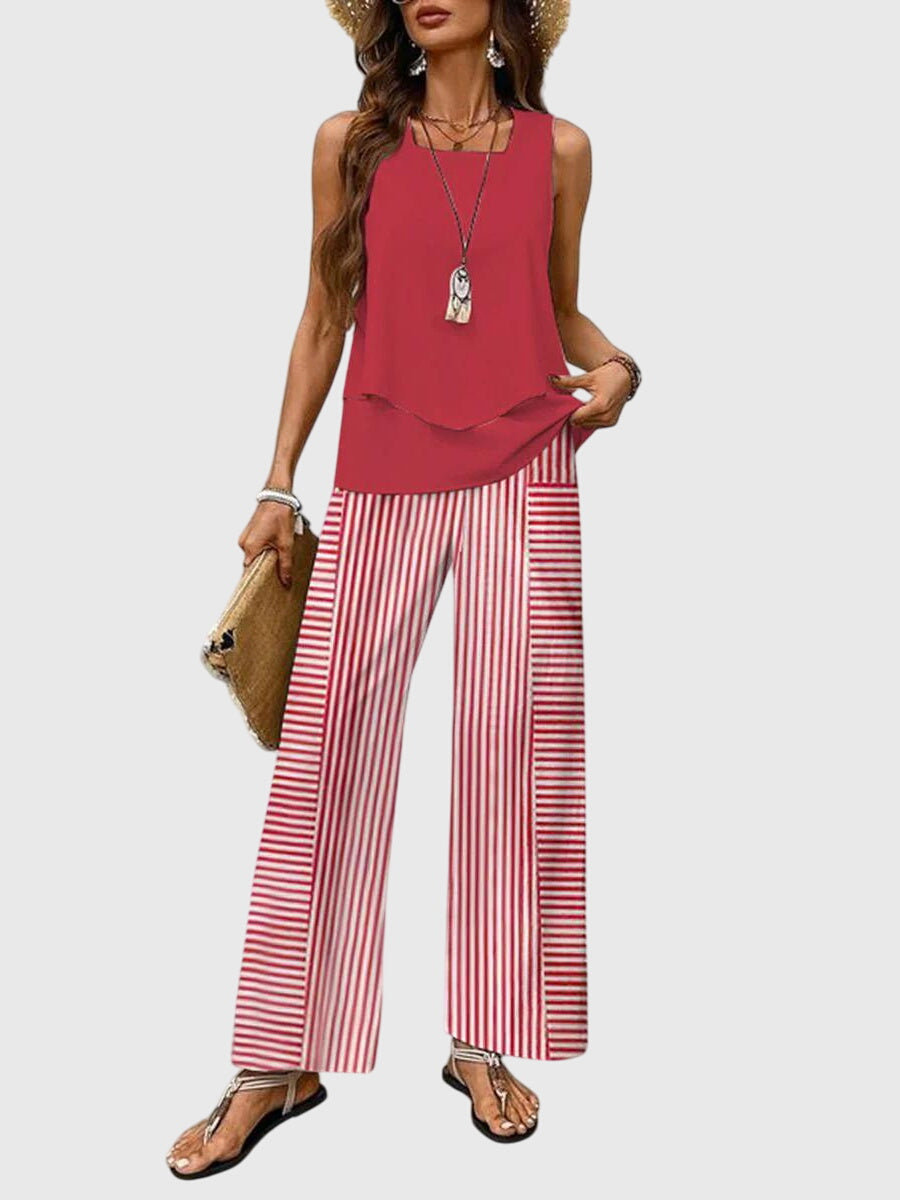 Mia | Women's Two Piece Set Light Blue Floral Palazzo Pants Tank Top