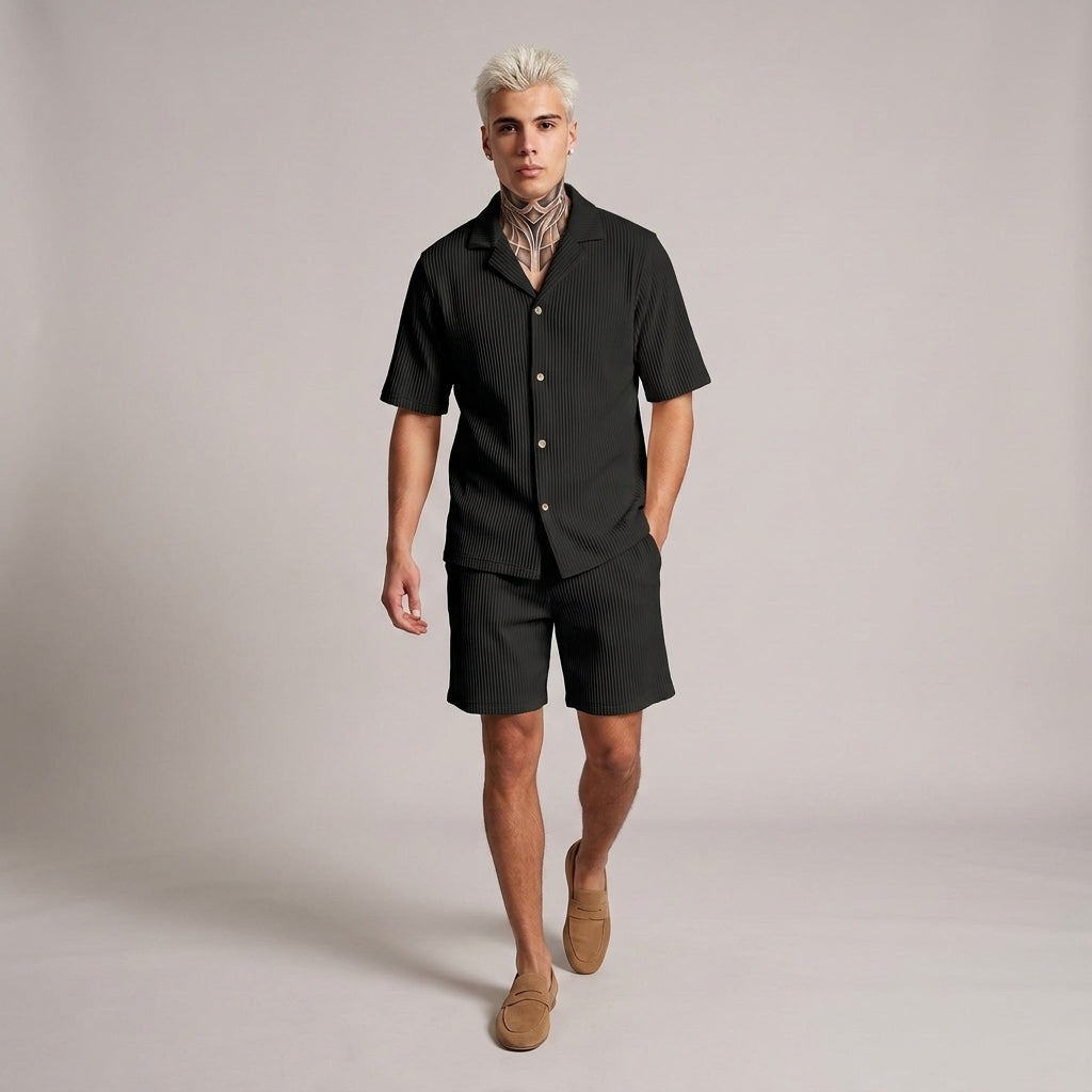 Dama Washington Callum ribbed short sleeve sweatsuit set Black - full outfit model view
