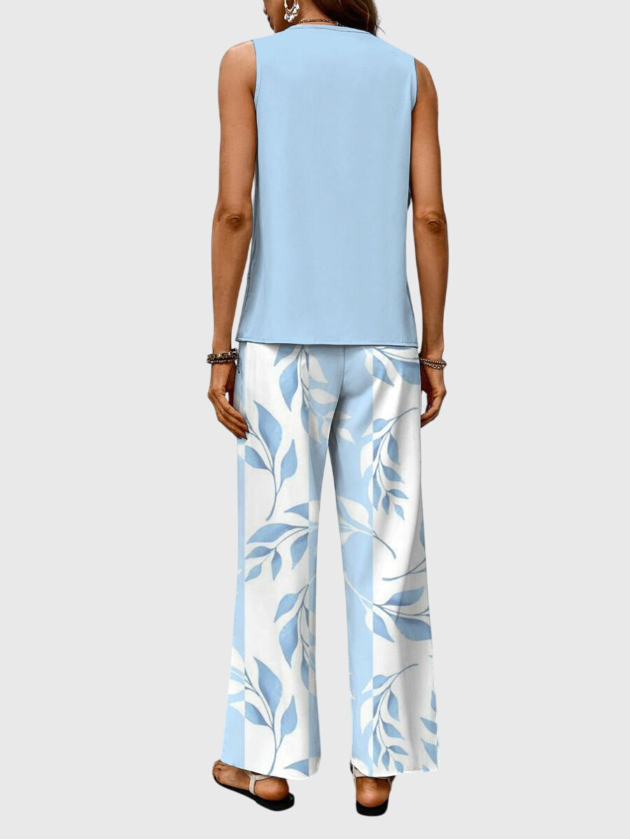 Mia | Women's Two Piece Set Light Blue Floral Palazzo Pants Tank Top