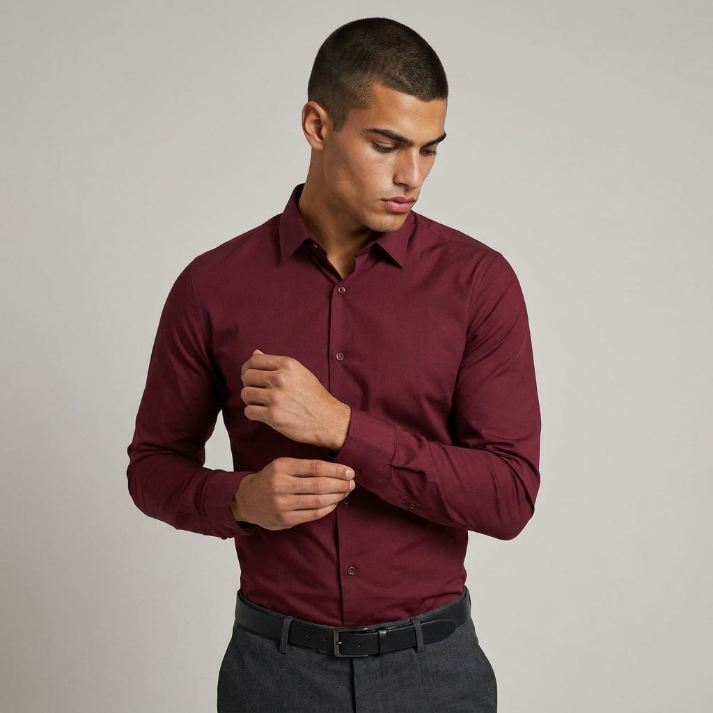 Dama Washington Rhys slim fit button up shirt Burgundy - model front view