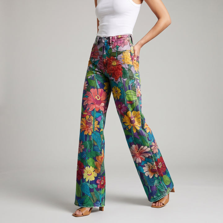 Dama Washington Thea women's wide leg jeans floral print high waisted - fit detail